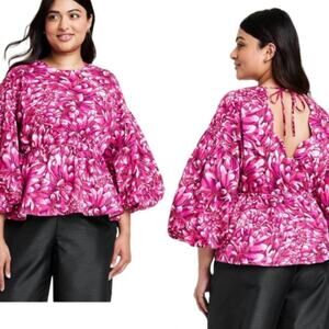Kika Vargas X Target Top Blouse Pink Floral Mum Puff Sleeve Scallops Large NEW